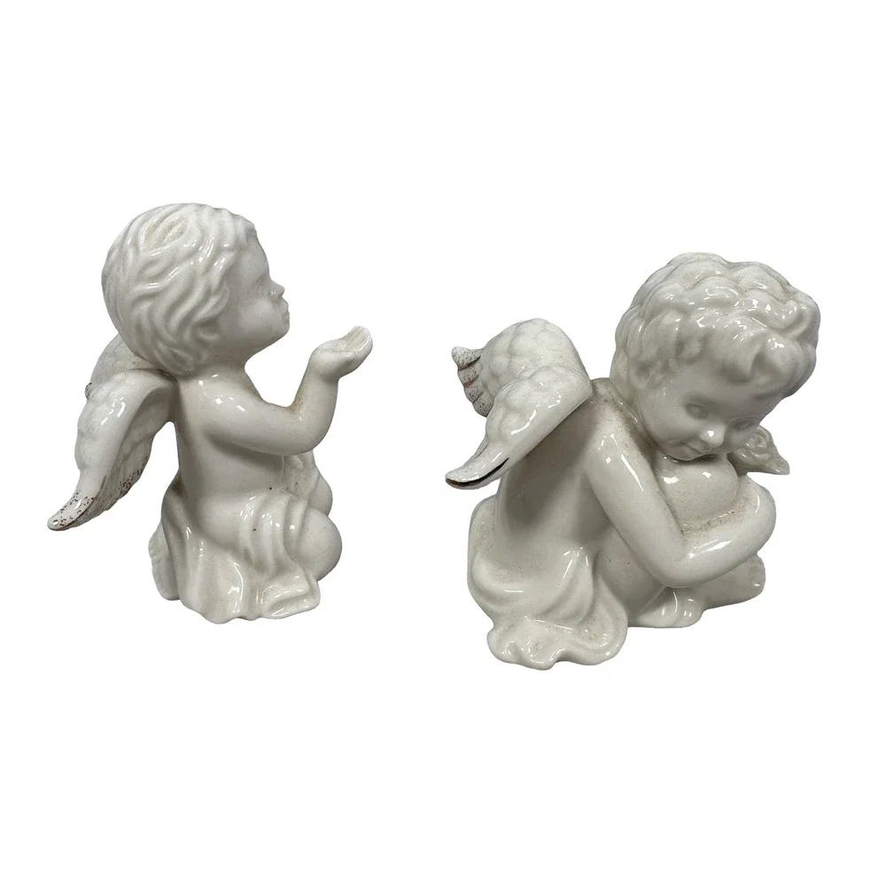 Lenox Ivory Porcelain Cherub Angel Figurines Gold Trim Set 2 Blowing Kiss Heart